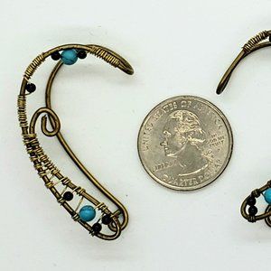 Antique Brass Gold Bronze Turquoise and Black Beads Wire Wrap Elven Elf Ear Cuff